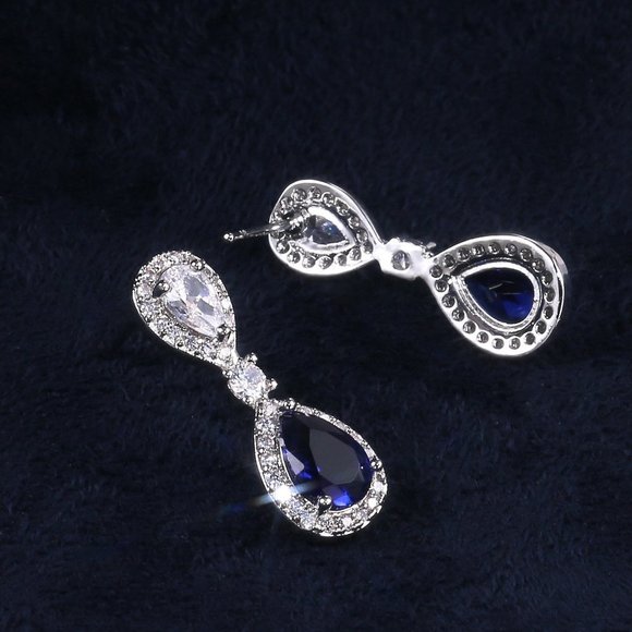 💎 Noble Water Drop Royal Blue And White Pear Zircon Stud Earrings, UNVN12417 - Picture 6 of 7